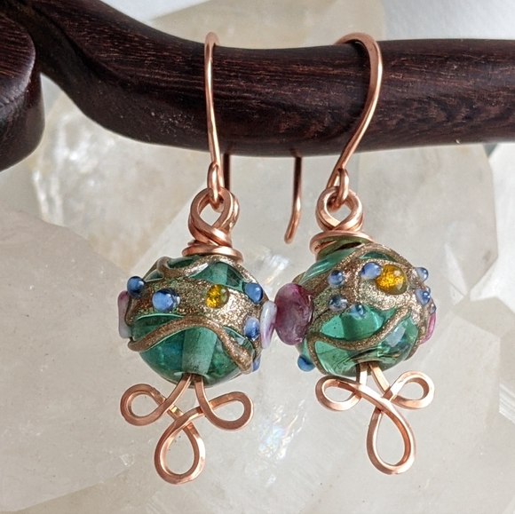 Artisan Jewelry - Venetian Emerald Glass Bead Earrings Copper Wire Wrap Colorful Handmade